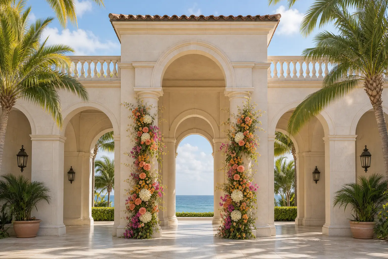 Vista a distancia de columnas florales a juego que enmarcan un pasaje al aire libre hacia el mar