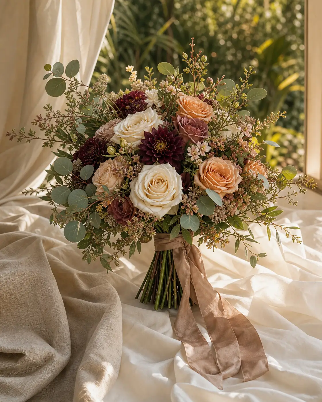 Un ramo escultural de boda sobre una tela suave de color marfil