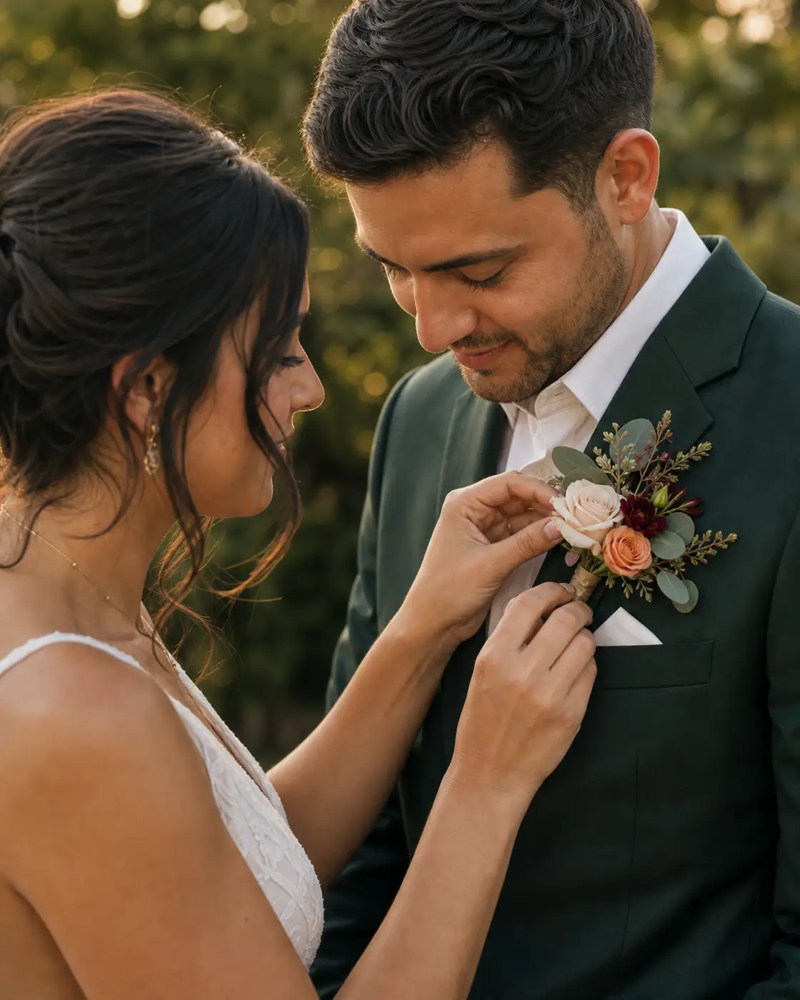 Una persona ajusta con cuidado el detalle floral de solapa de su pareja