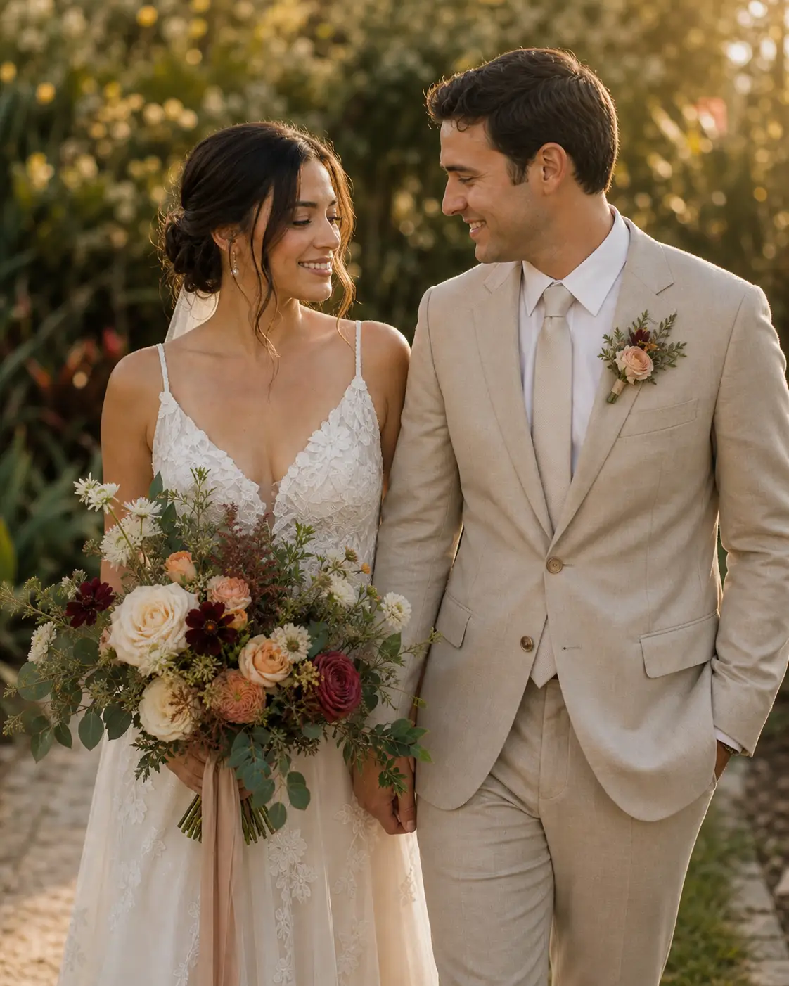 Una pareja con su ramo y un detalle floral de solapa coordinado