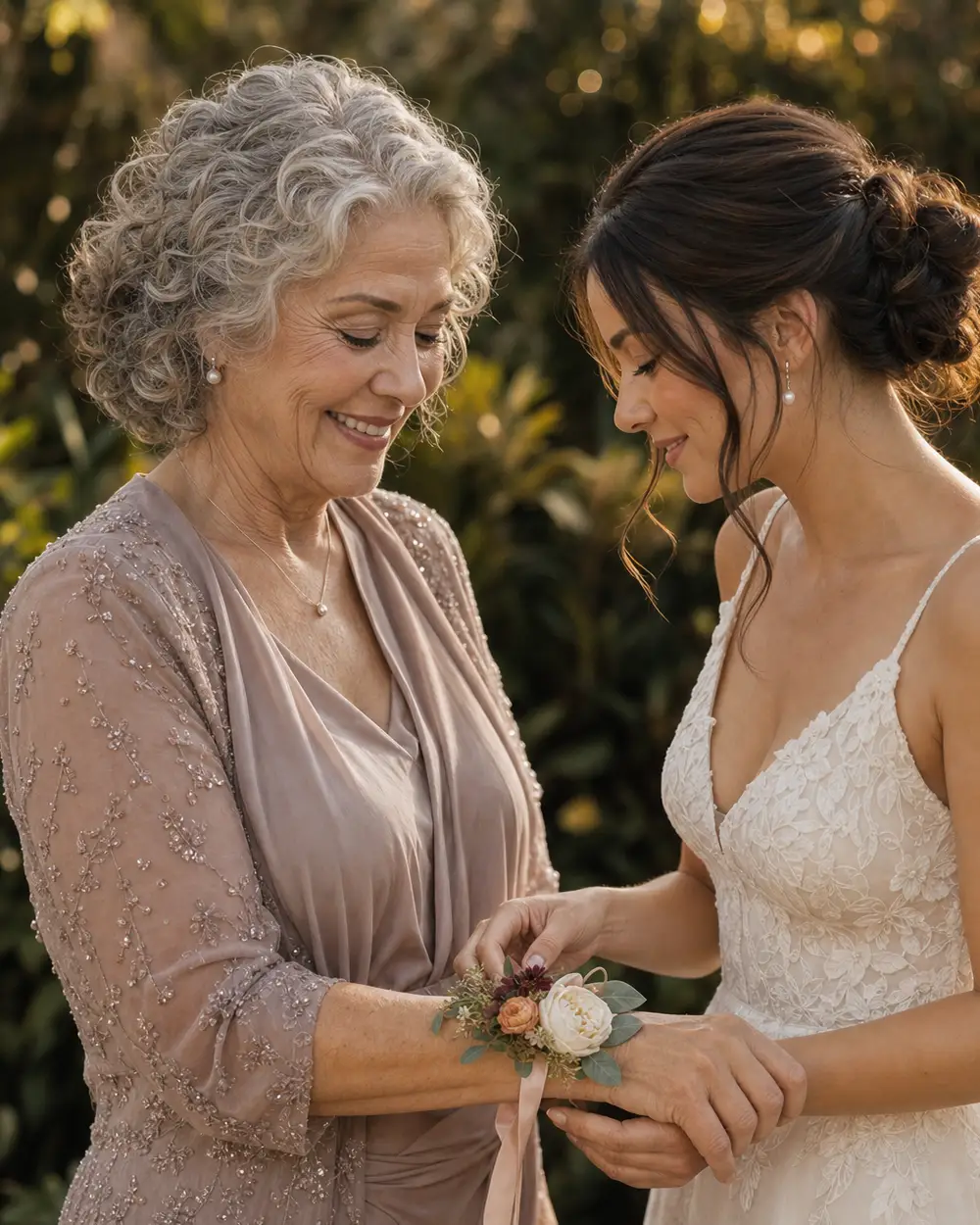 Una abuela sonríe mientras una persona querida le coloca su corsage floral