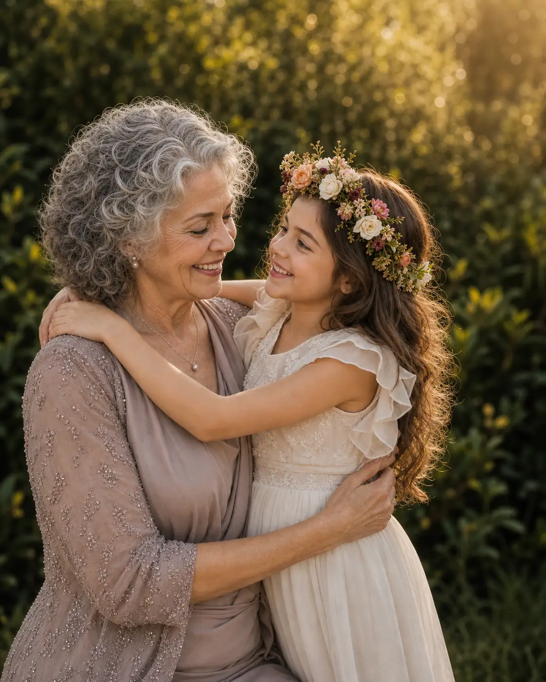 Una abuela abraza a una niña con una corona de flores de jardín