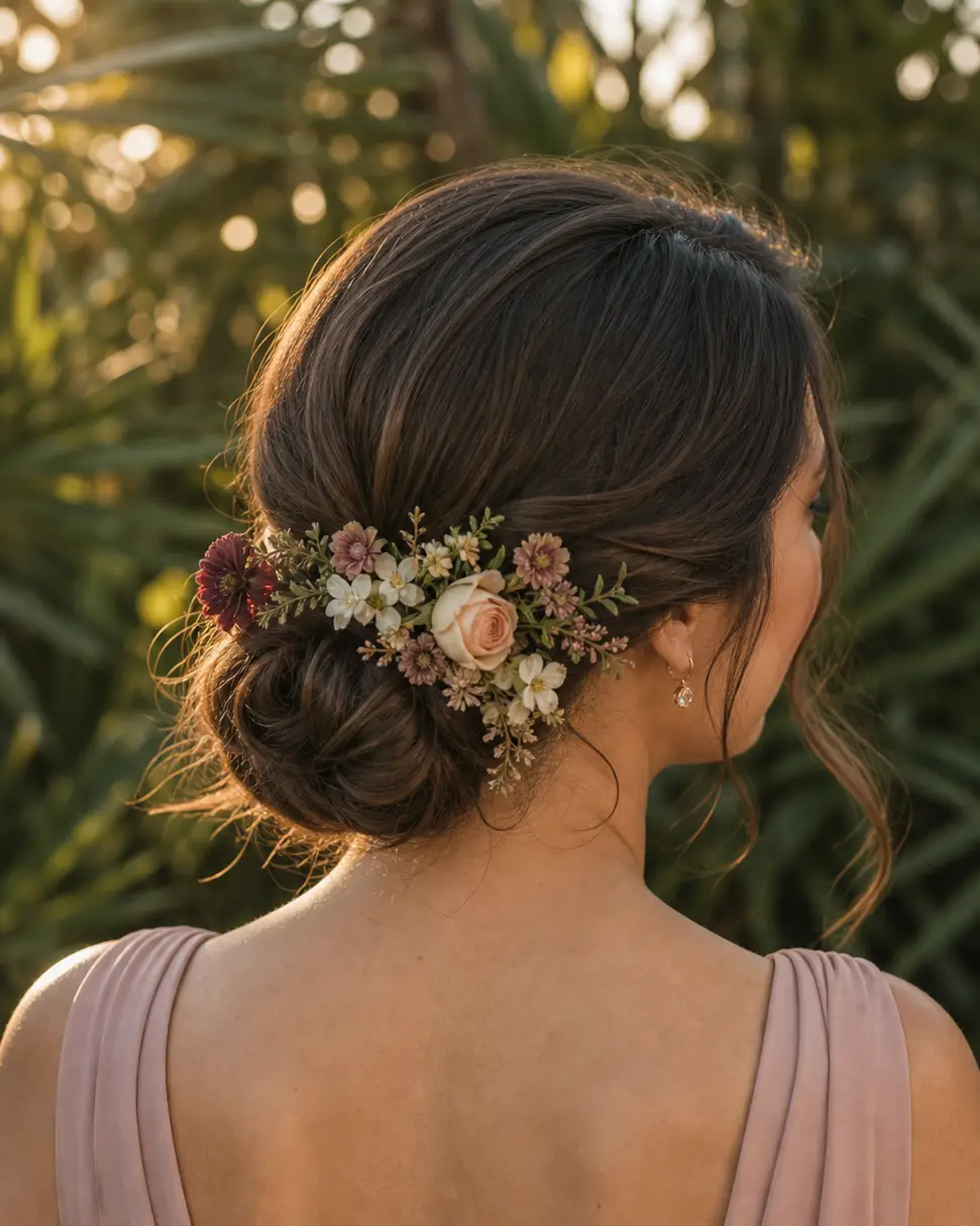 Pequeñas flores de jardín entretejidas en un peinado elegante para boda
