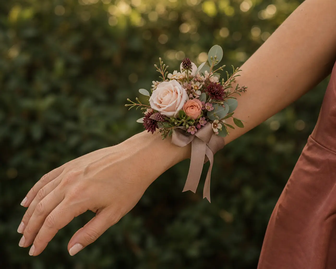Un corsage de muñeca en tonos rosa, marfil y borgoña