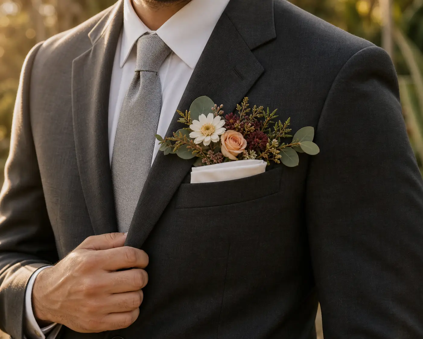 Un detalle floral compacto en el bolsillo de un traje color carbón
