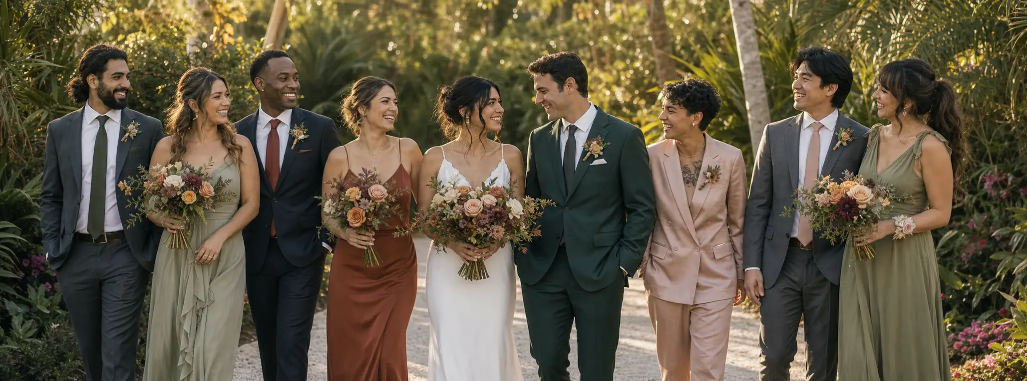 Un cortejo nupcial alegre camina por un jardín tropical con ramos, flores de solapa y un corsage de muñeca coordinados