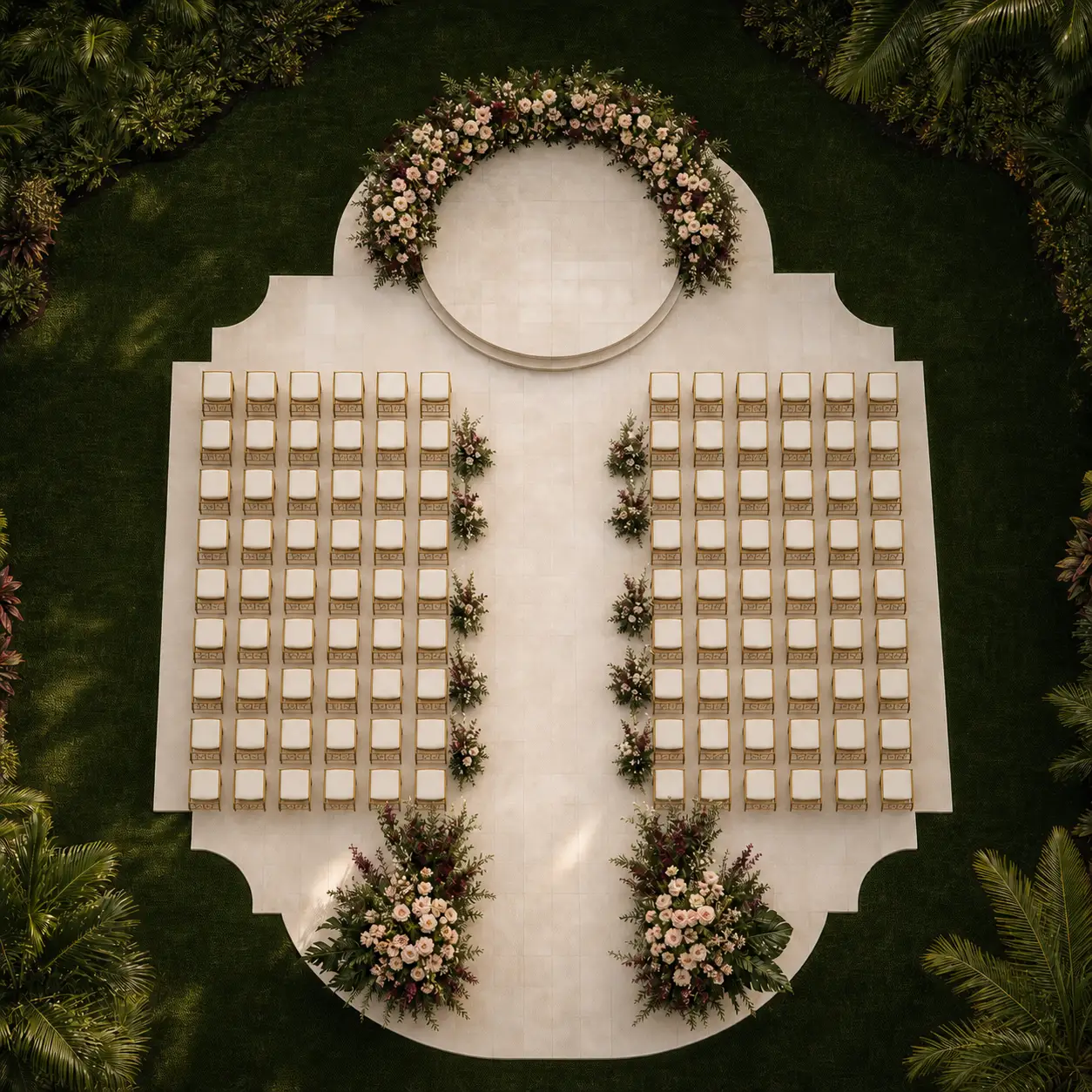 Vista cenital de una ceremonia con entrada floral, pasillo central, asientos para invitados y un espacio de votos enmarcado desde el suelo