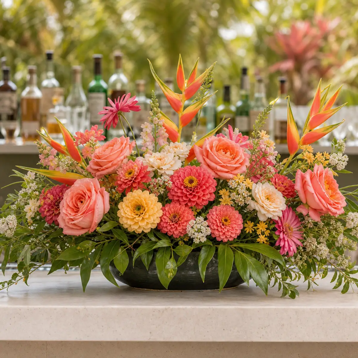A colorful floral arrangement displayed prominently on a garden reception bar