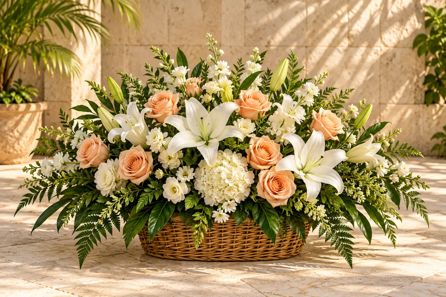 White lilies and peach roses in a fully visible wicker basket