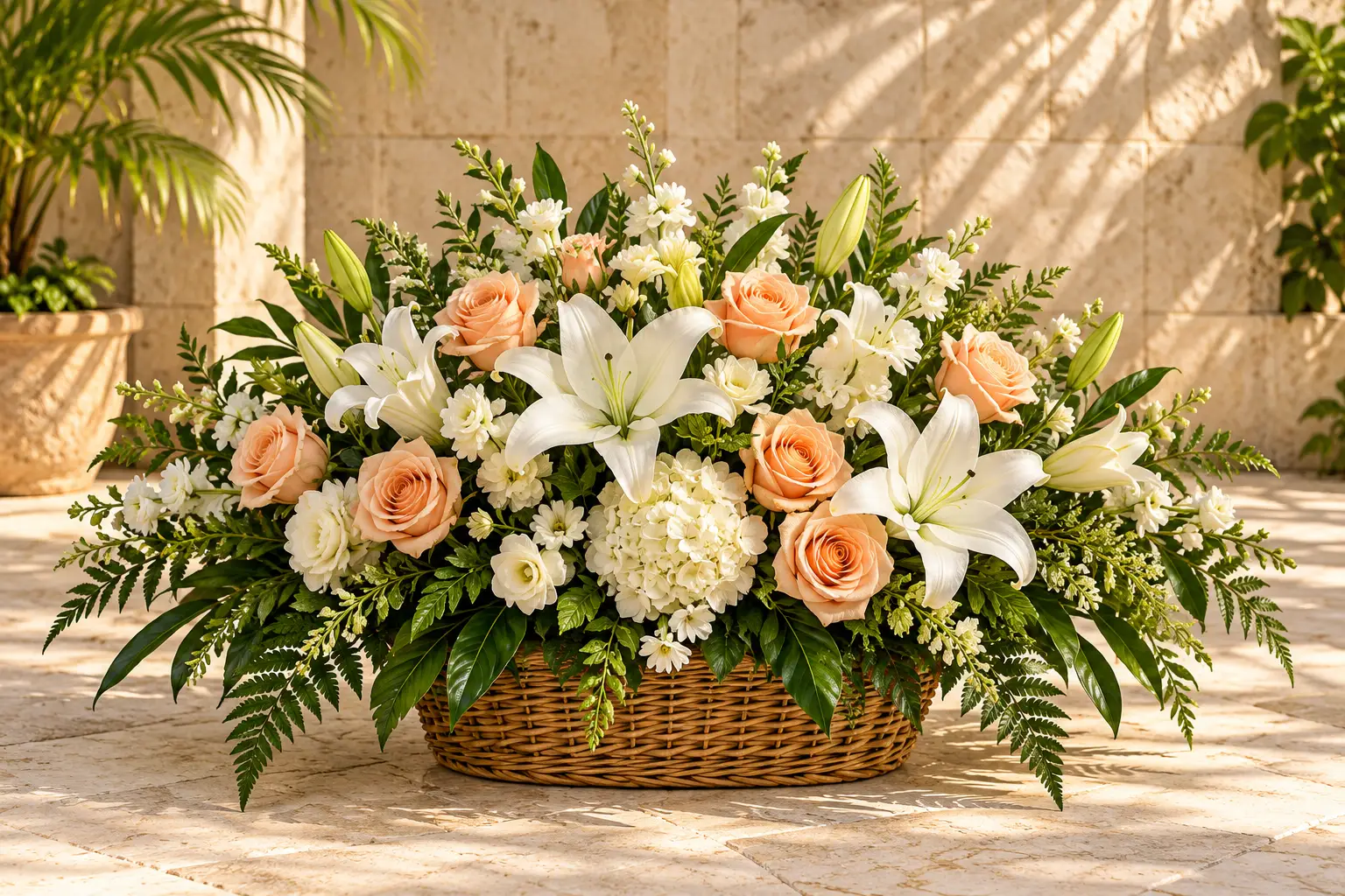 White lilies and peach roses in a fully visible wicker basket