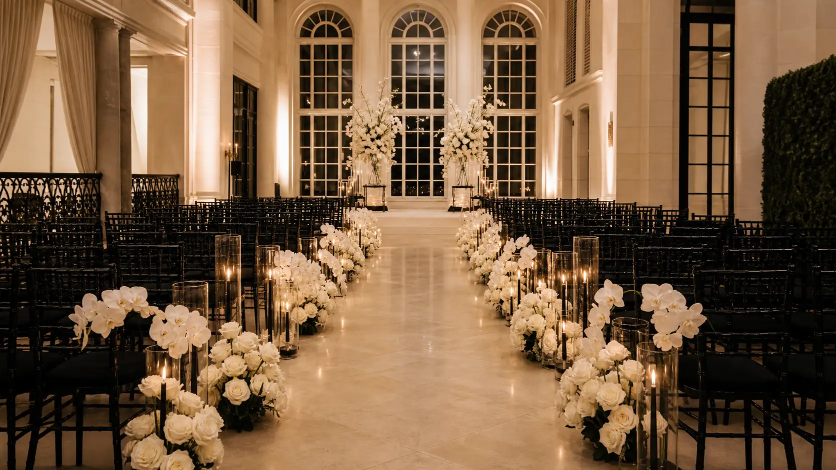 Una ceremonia de boda de etiqueta en interior con flores blancas y luz de velas