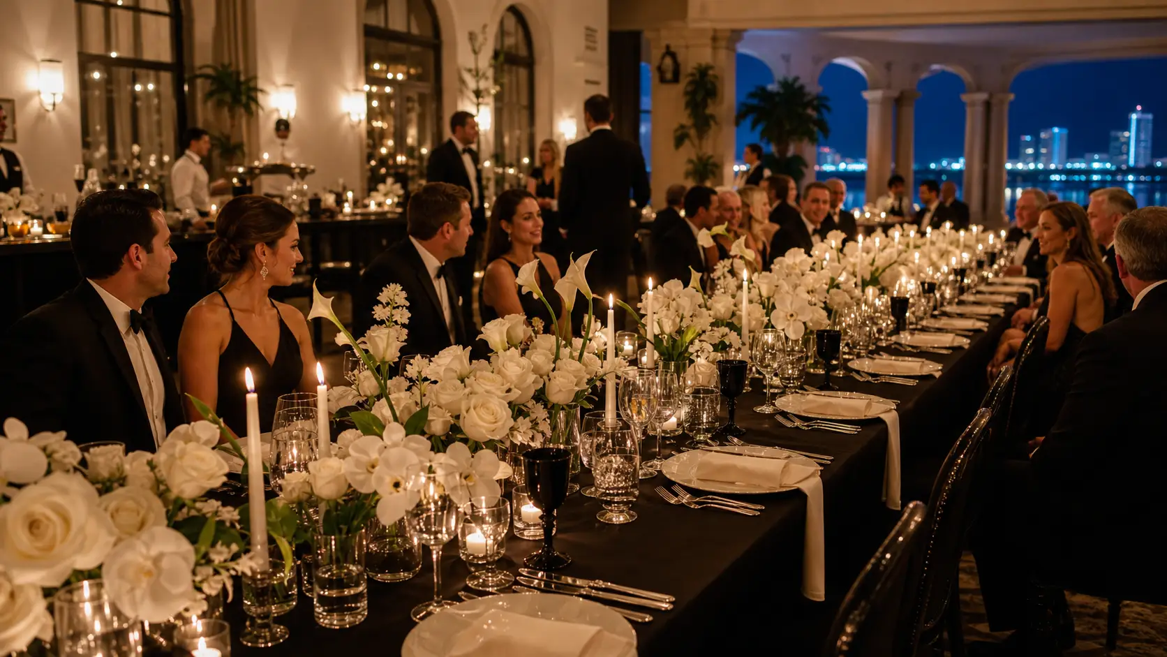 Una mesa de cena de boda de etiqueta iluminada por velas, con flores blancas, mantelería negra y lugares definidos