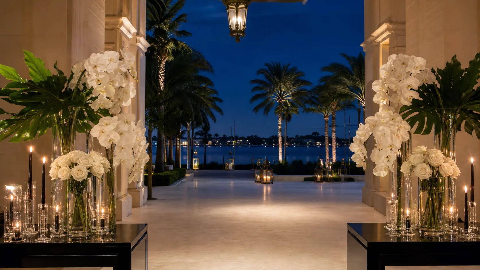 Flores blancas formales y velas en la entrada de una boda de etiqueta en el sur de Florida