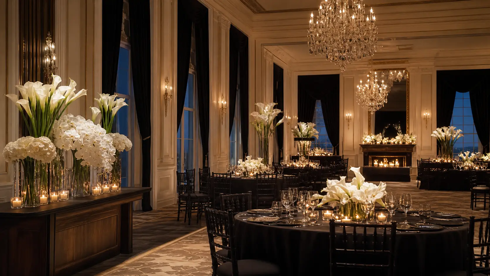 Un salón de boda de etiqueta con alcatraces blancos, orquídeas, velas y mesas listas para cenar