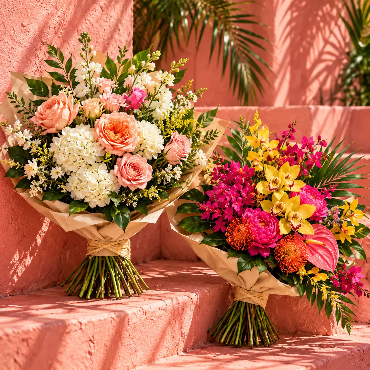 Two wrapped bouquets in soft peach and vivid tropical colors rest on coral steps with palm shadows