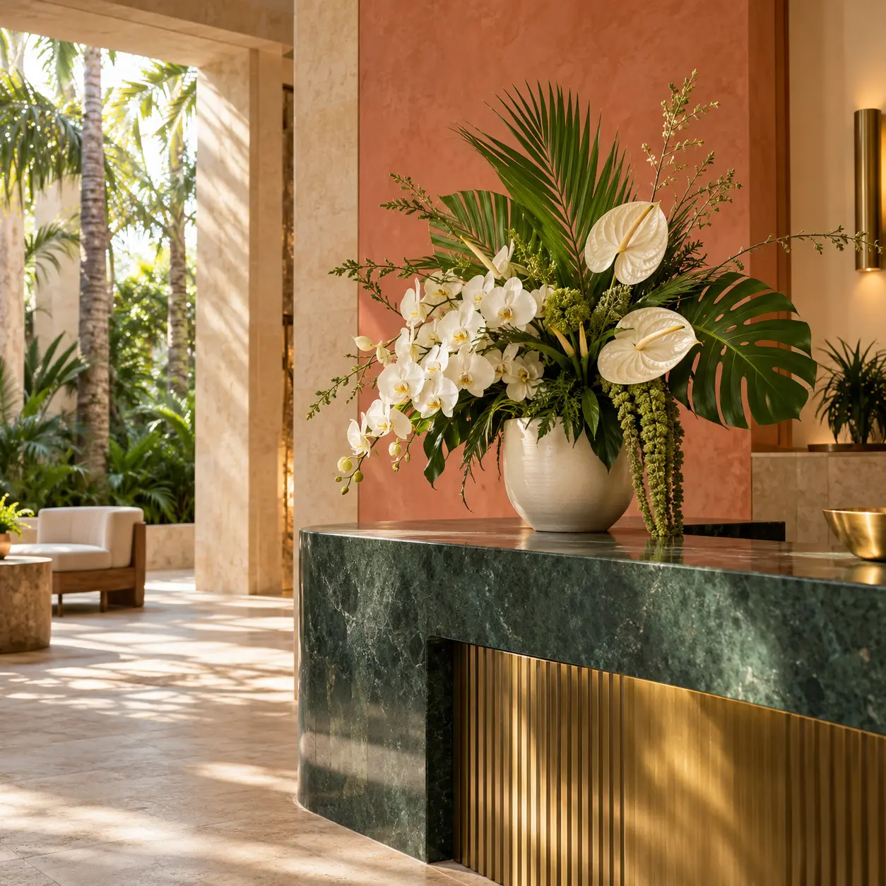 White orchids and tropical foliage in a ceramic vase on a green reception counter with coral walls and palm shadows