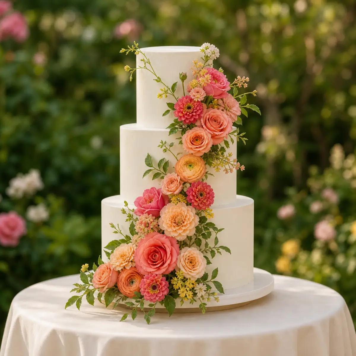 An ivory wedding cake accented with coral, apricot, yellow, and pink fresh flowers