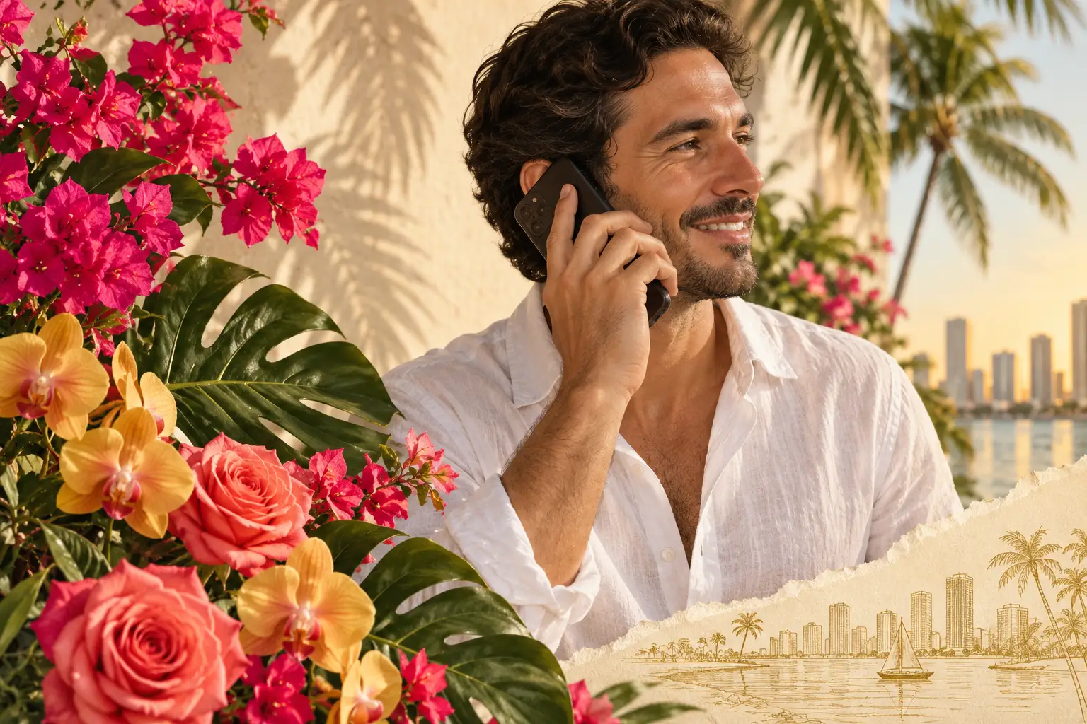 A man talking on his phone among tropical flowers, palms, and Miami-inspired waterfront details
