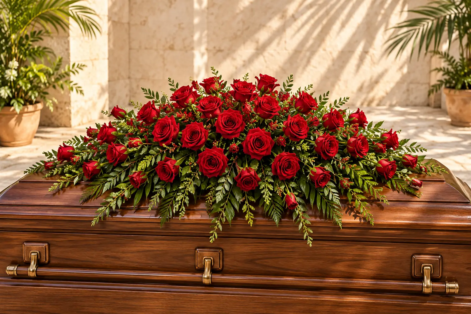 An elongated red rose spray on a closed walnut casket