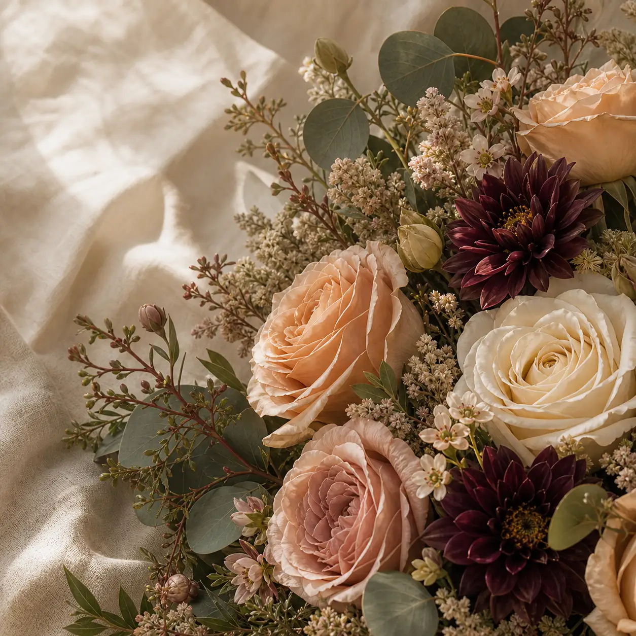 Detalle cercano de flores de boda en tonos rosa, durazno, borgoña y marfil