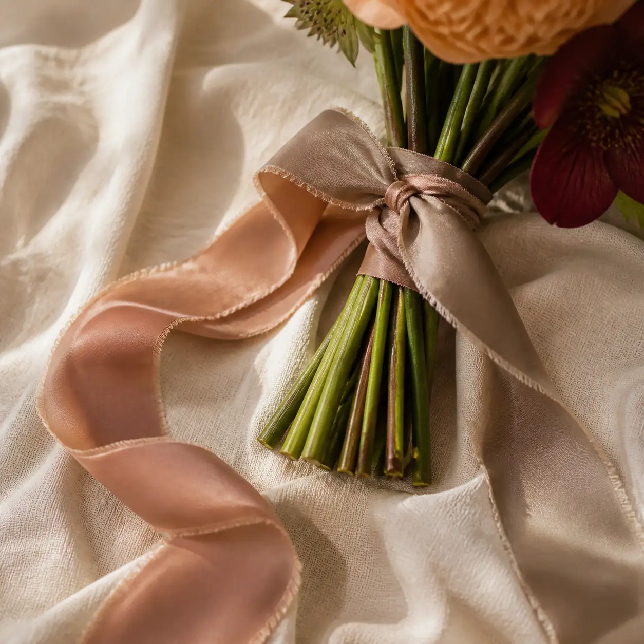 Cintas de seda rosa y topo atadas alrededor de los tallos de un ramo de boda