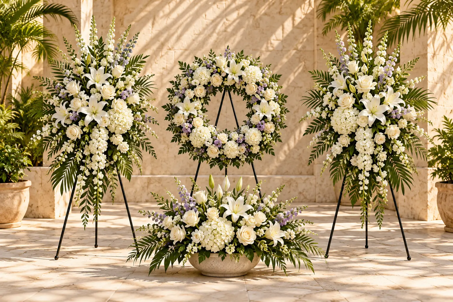 Two white standing sprays, a lilac and white wreath and a low arrangement in a coordinated display