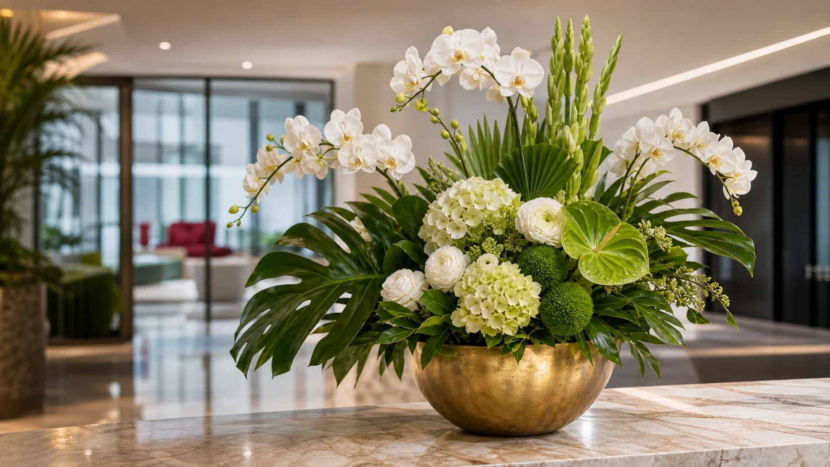 White orchids and tropical greenery arranged for a reception area