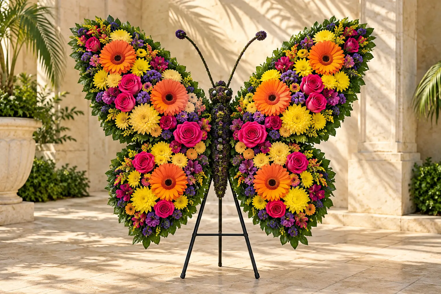 A complete butterfly-shaped floral tribute in orange, pink, yellow and purple on a stand