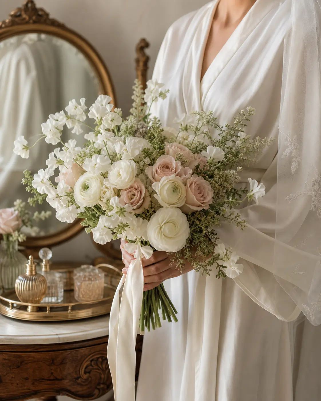 A bride holding a blush and ivory wedding bouquet in a softly lit room