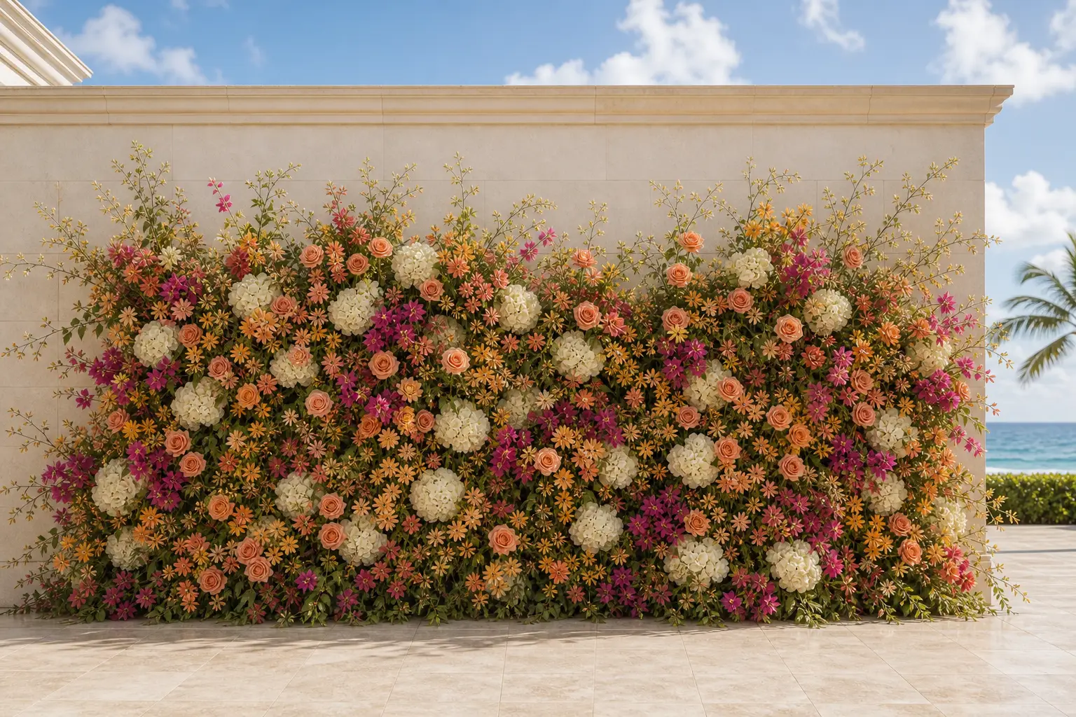 Un fondo floral amplio y dimensional sobre un muro de piedra caliza iluminado por el sol