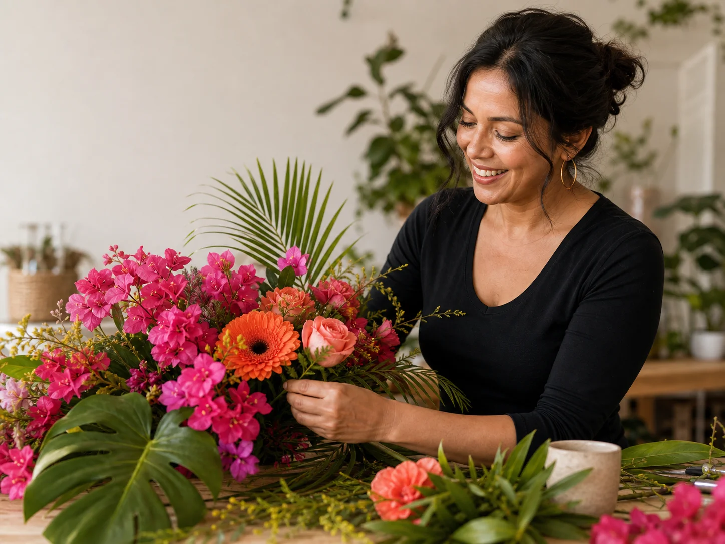 A floral designer creating a colorful tropical arrangement