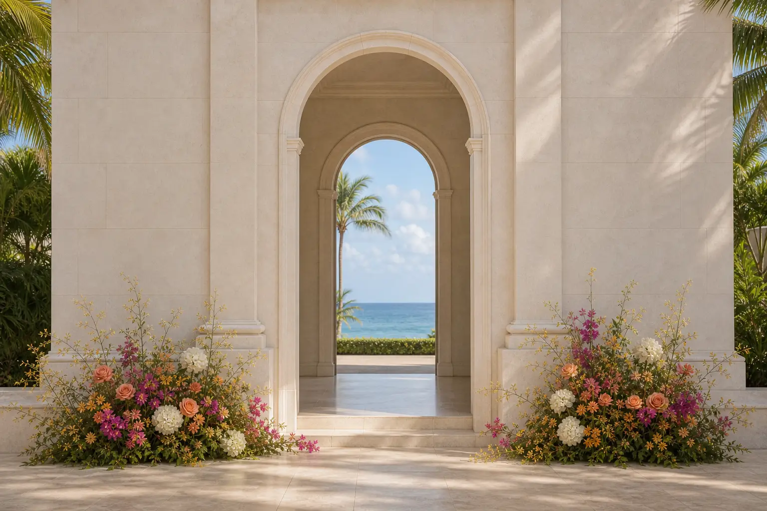 Dos jardines florales bajos que enmarcan un sendero despejado hacia una puerta de piedra frente al mar