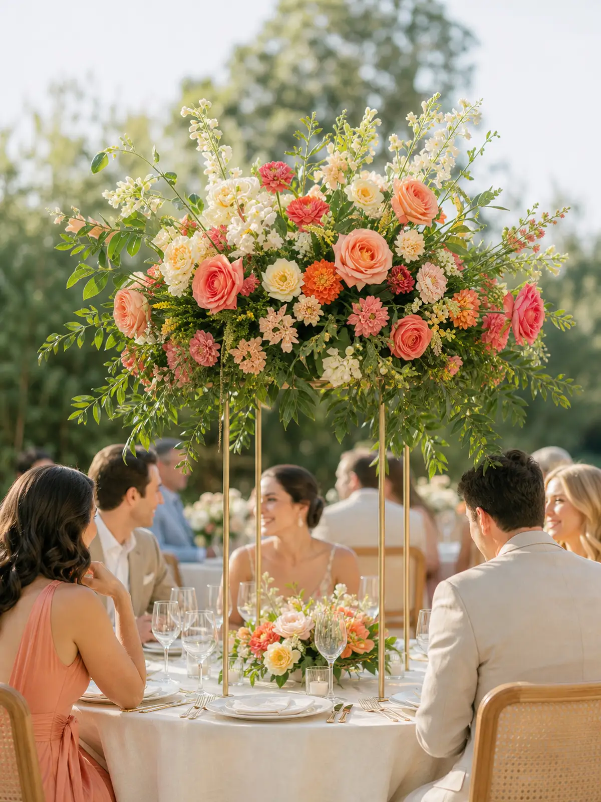An airy elevated centerpiece above a round reception table with open sightlines between guests