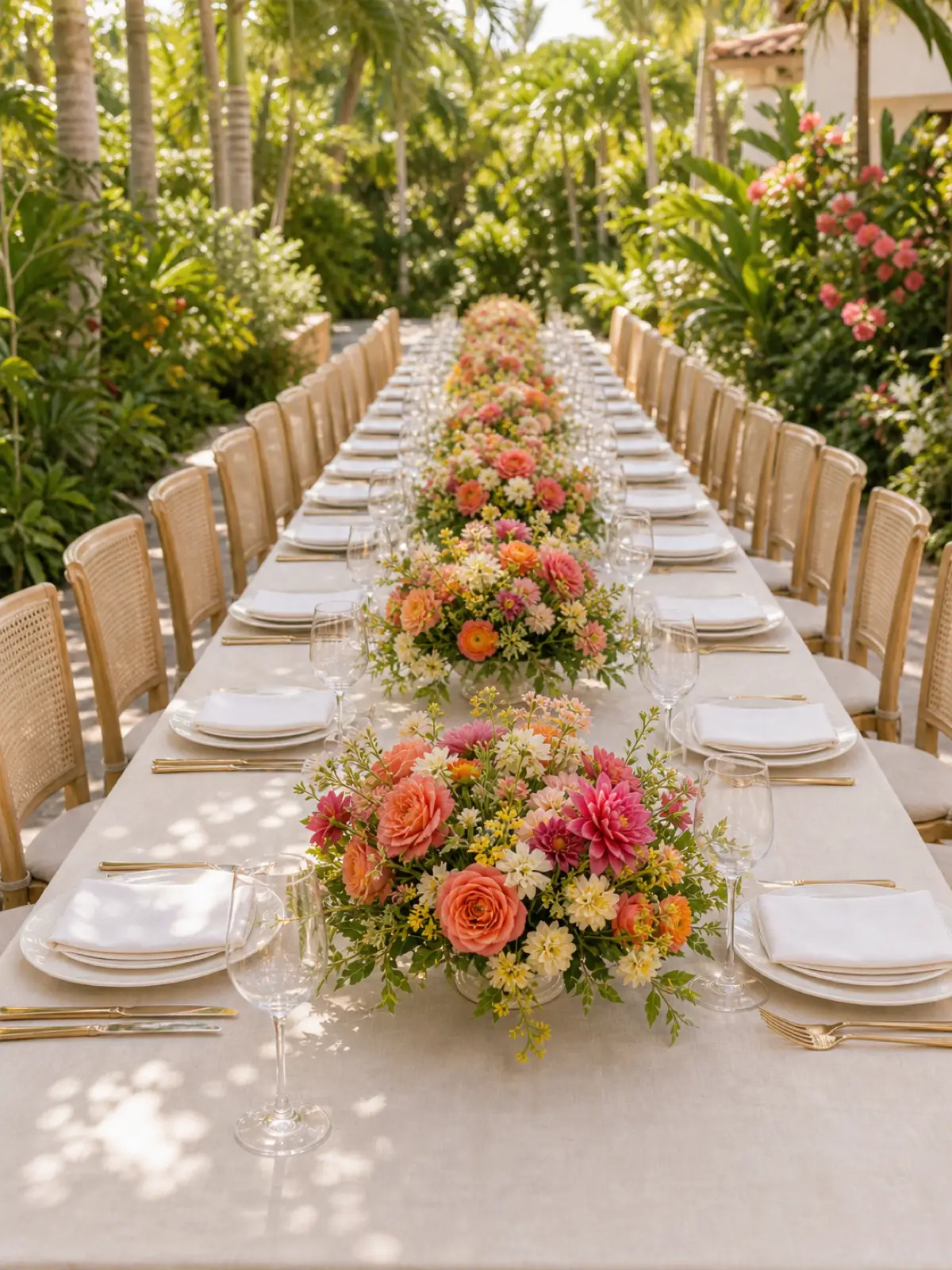 Repeated low floral arrangements extending along a long rectangular reception table