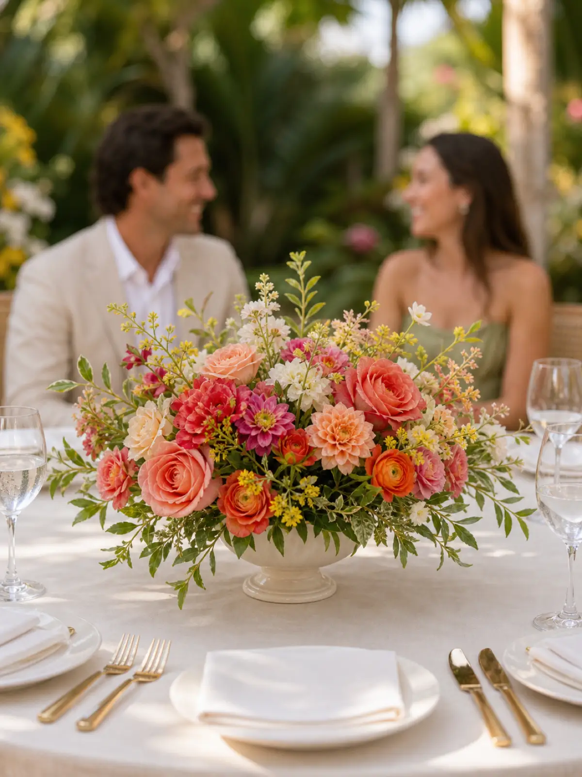A low coral, apricot, yellow, and ivory centerpiece on a round reception table with guests visible across it