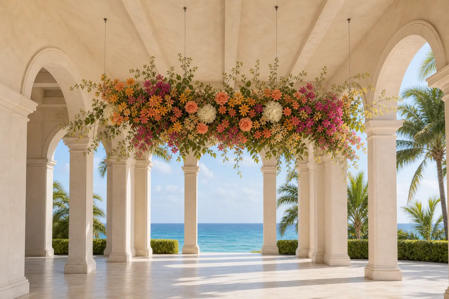 Un dosel floral suspendido bajo una galería de piedra caliza frente al mar