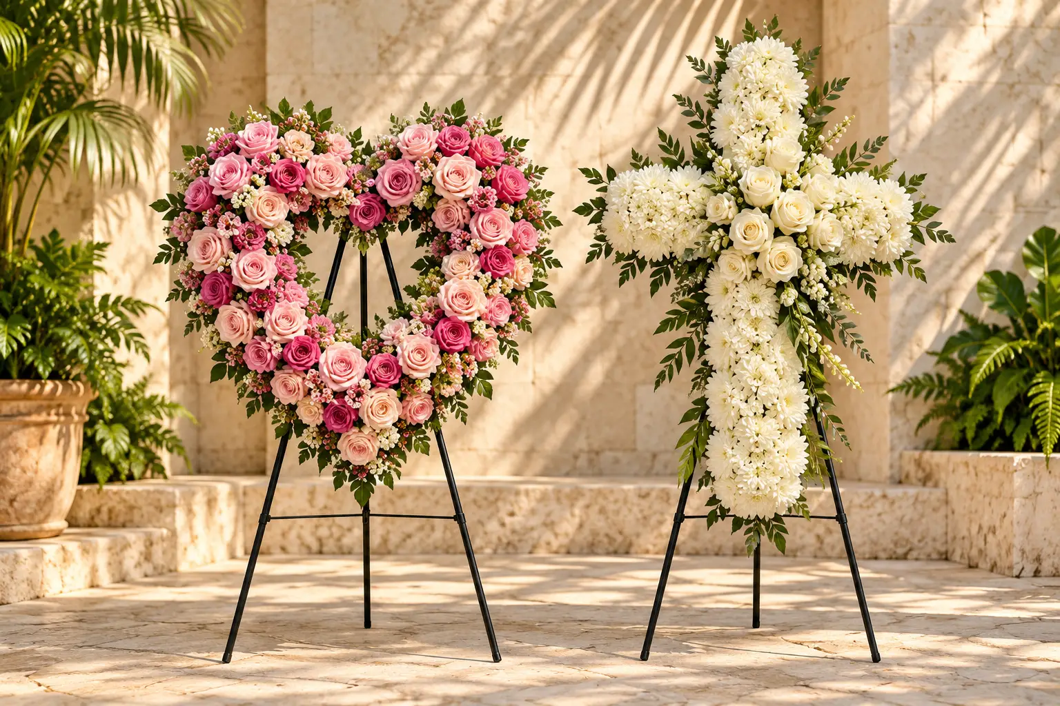 A pink rose open-heart tribute beside a white floral cross, both on easels