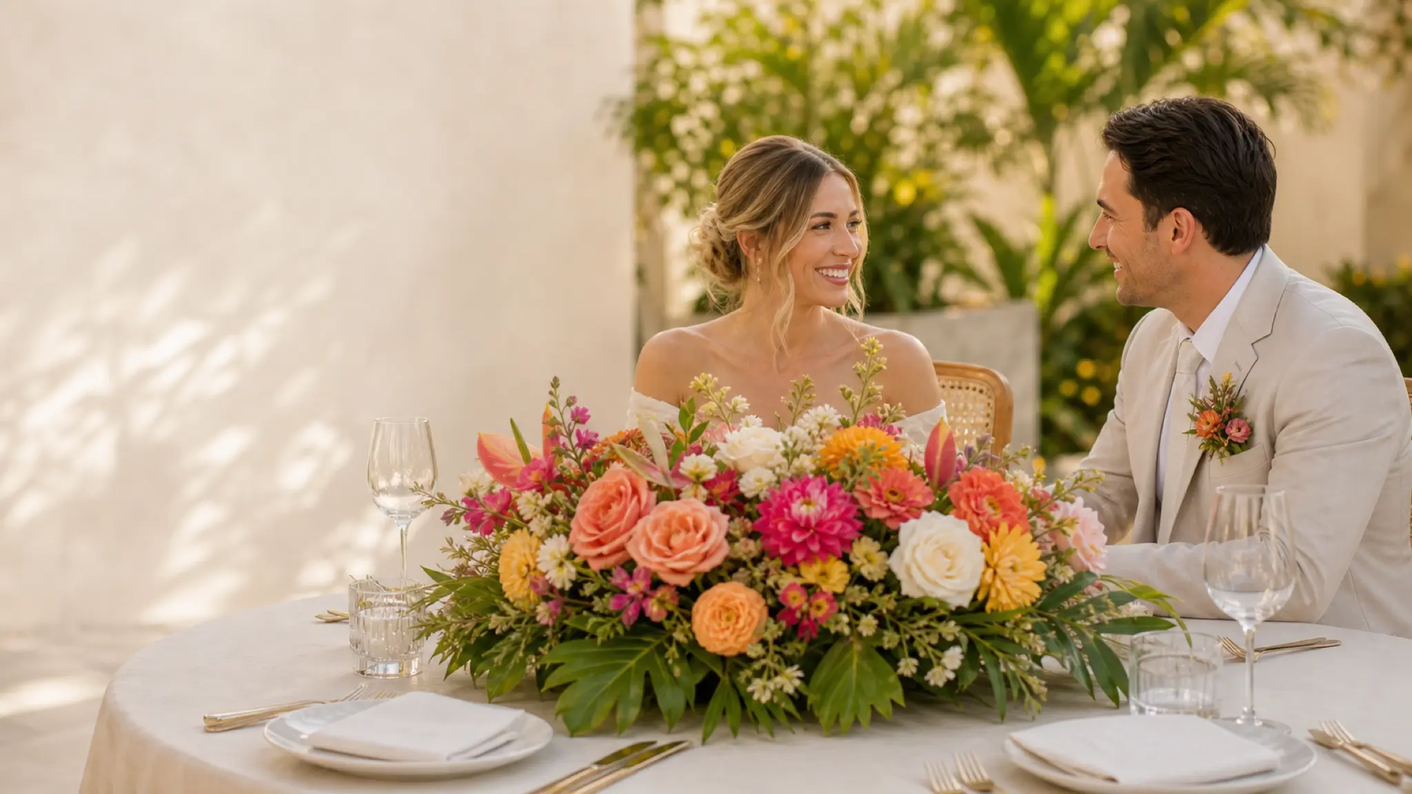 A couple smiling across a low colorful reception centerpiece at a sunlit garden table