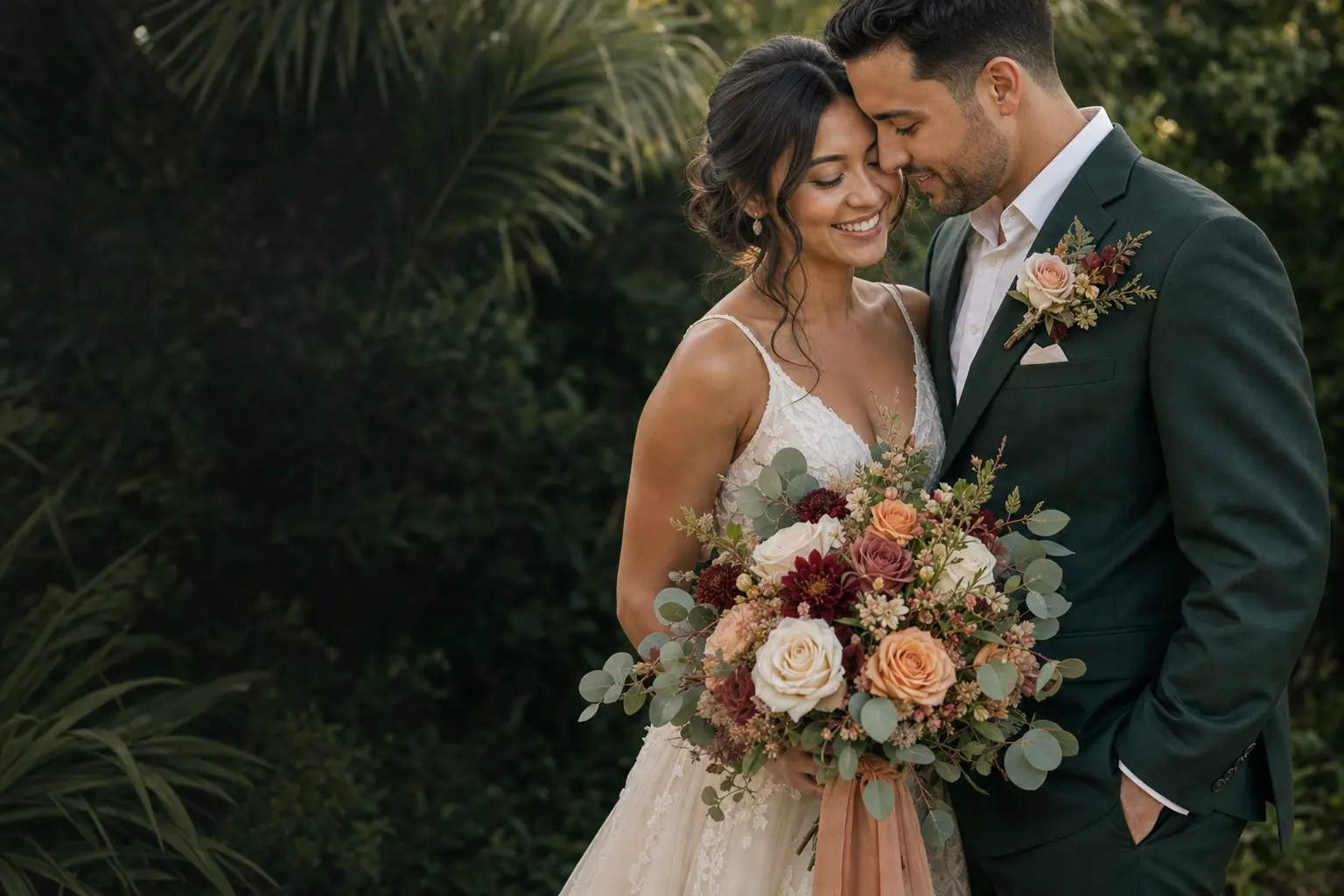 Una pareja recién casada en un jardín tropical con un ramo escultural y un detalle floral de solapa coordinado