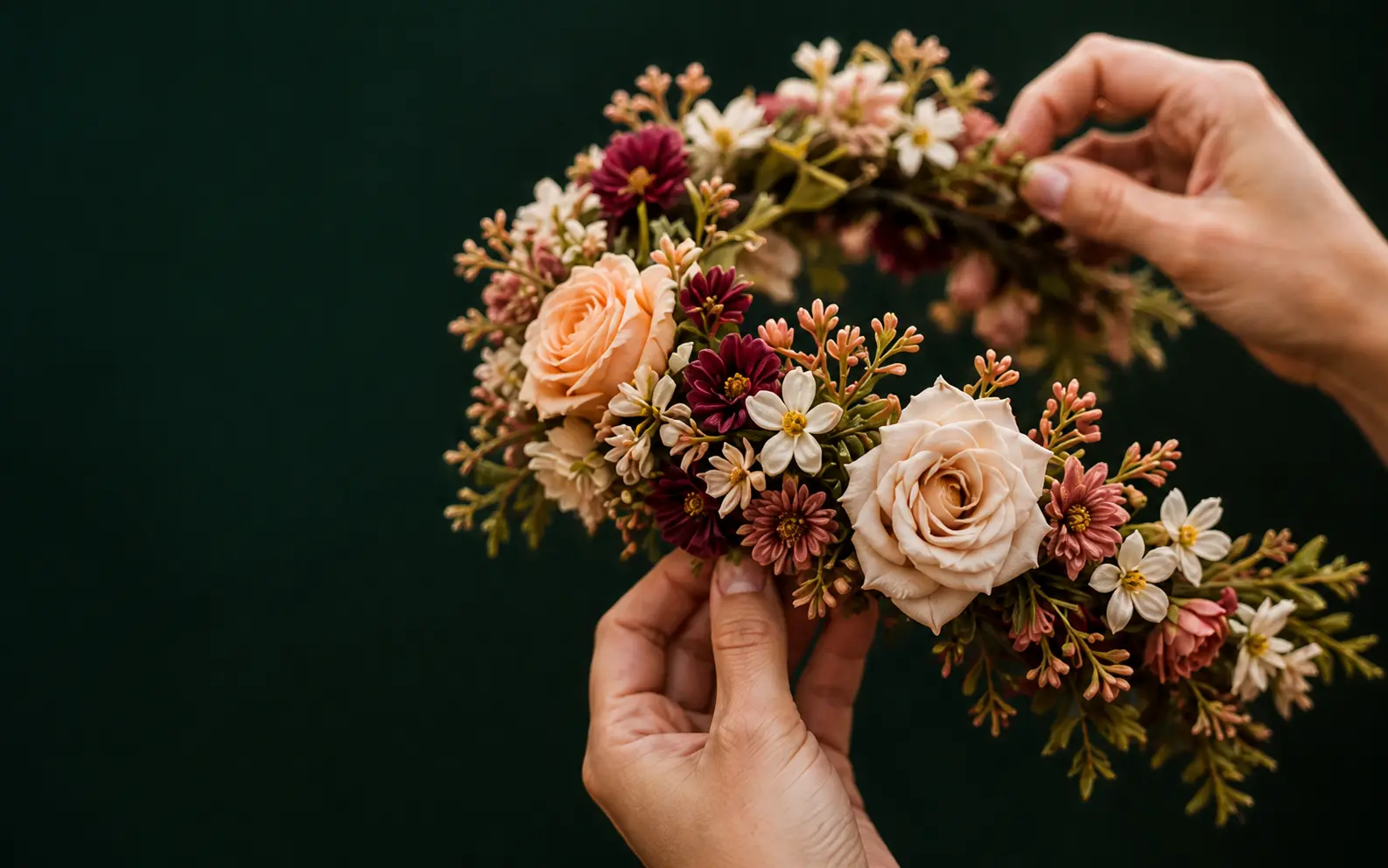 Concept image of hands holding a full flower crown in blush, ivory, burgundy, and peach