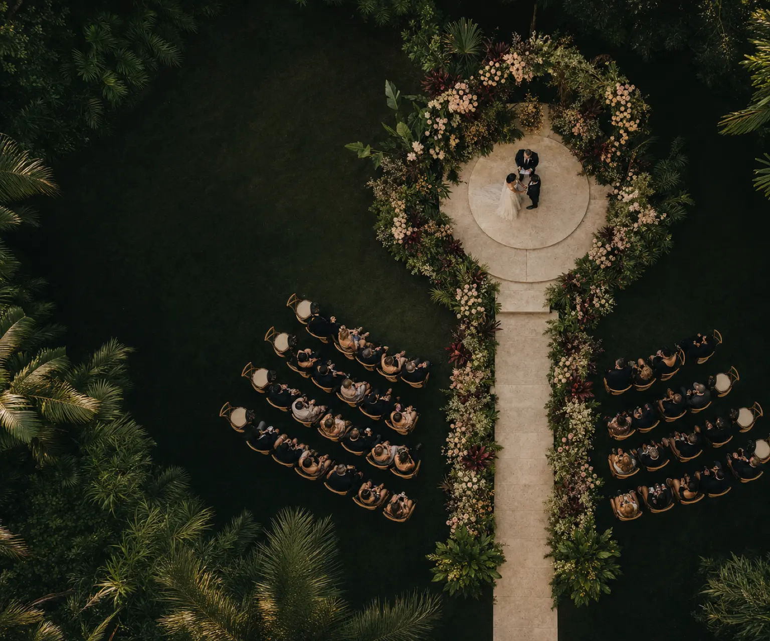 Vista aérea de una ceremonia en un jardín con pasillo de piedra clara, asientos curvos y flores a ras del suelo