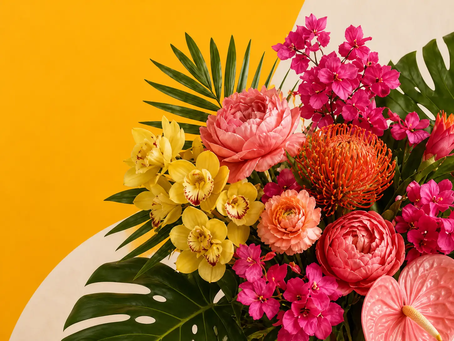 Flores tropicales rosadas, coral, amarillas y anaranjadas con grandes hojas verdes