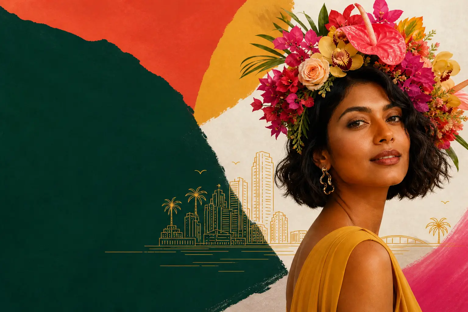 Concept portrait of a woman wearing a colorful fresh flower crown