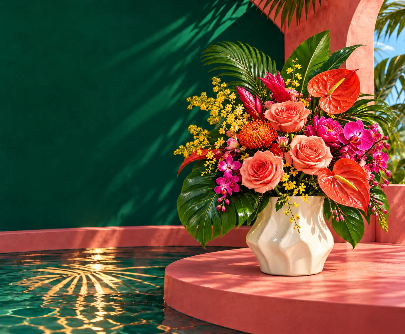 A tropical flower arrangement in an ivory vase resting on a sunlit coral platform beside water and a deep green wall