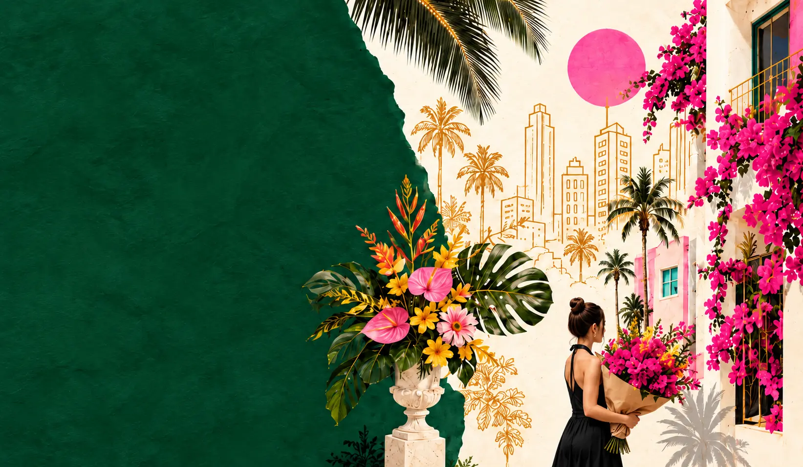 Miami botanical collage with palms, bougainvillea, gold skyline linework, and a person carrying flowers