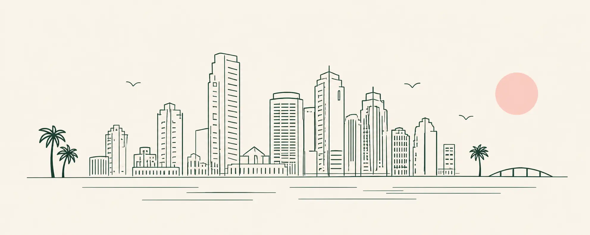 Illustrated Miami skyline with palms and a rising sun