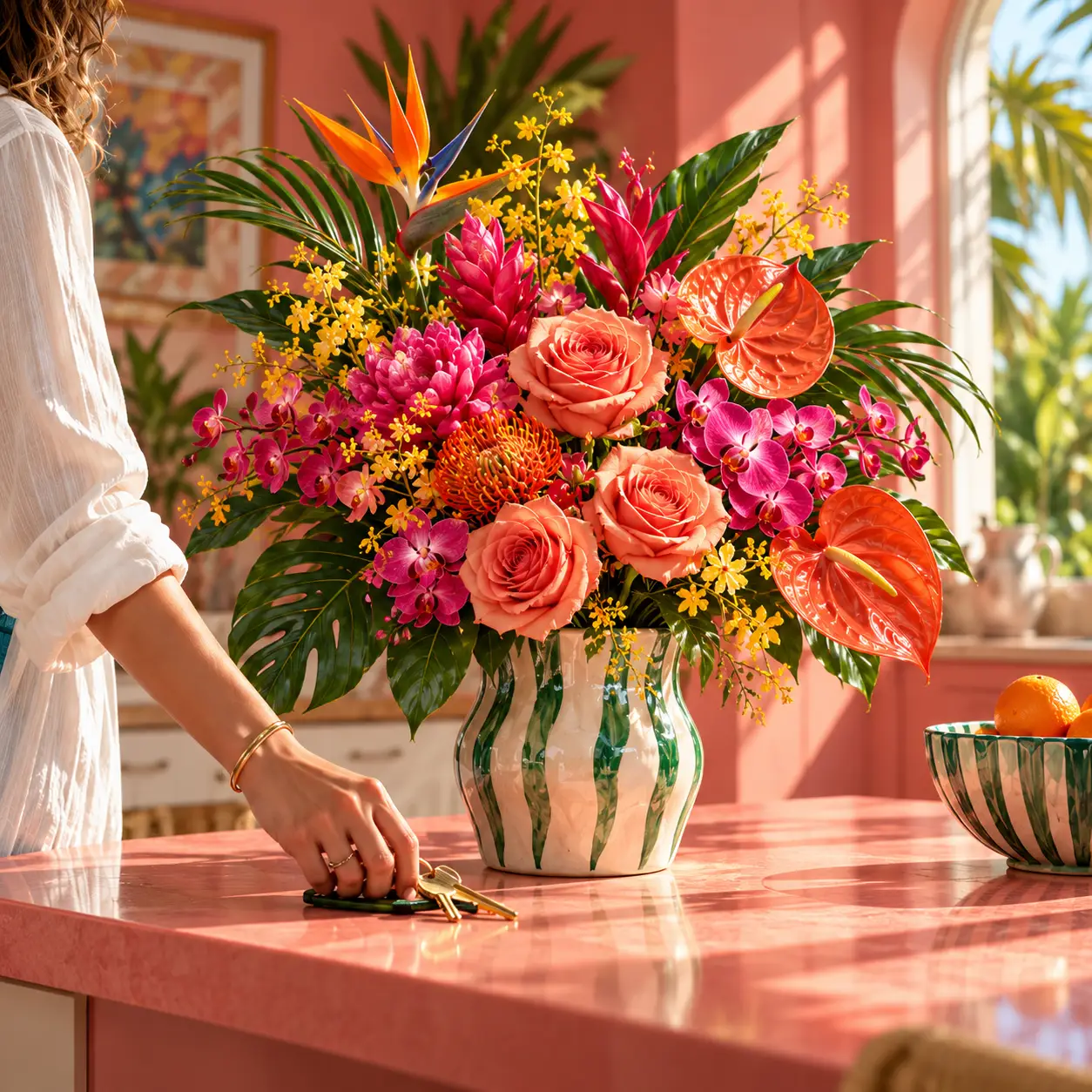 A colorful tropical arrangement in a cream-and-green vase on a coral kitchen counter as someone places their keys beside it