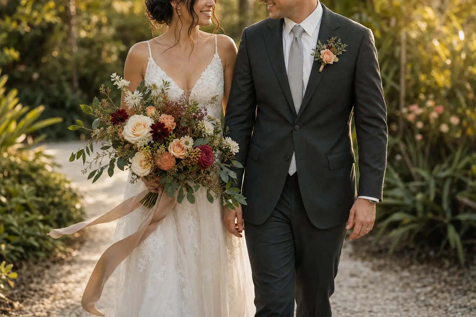A wedding couple walking together with a garden bouquet and a coordinating floral lapel piece