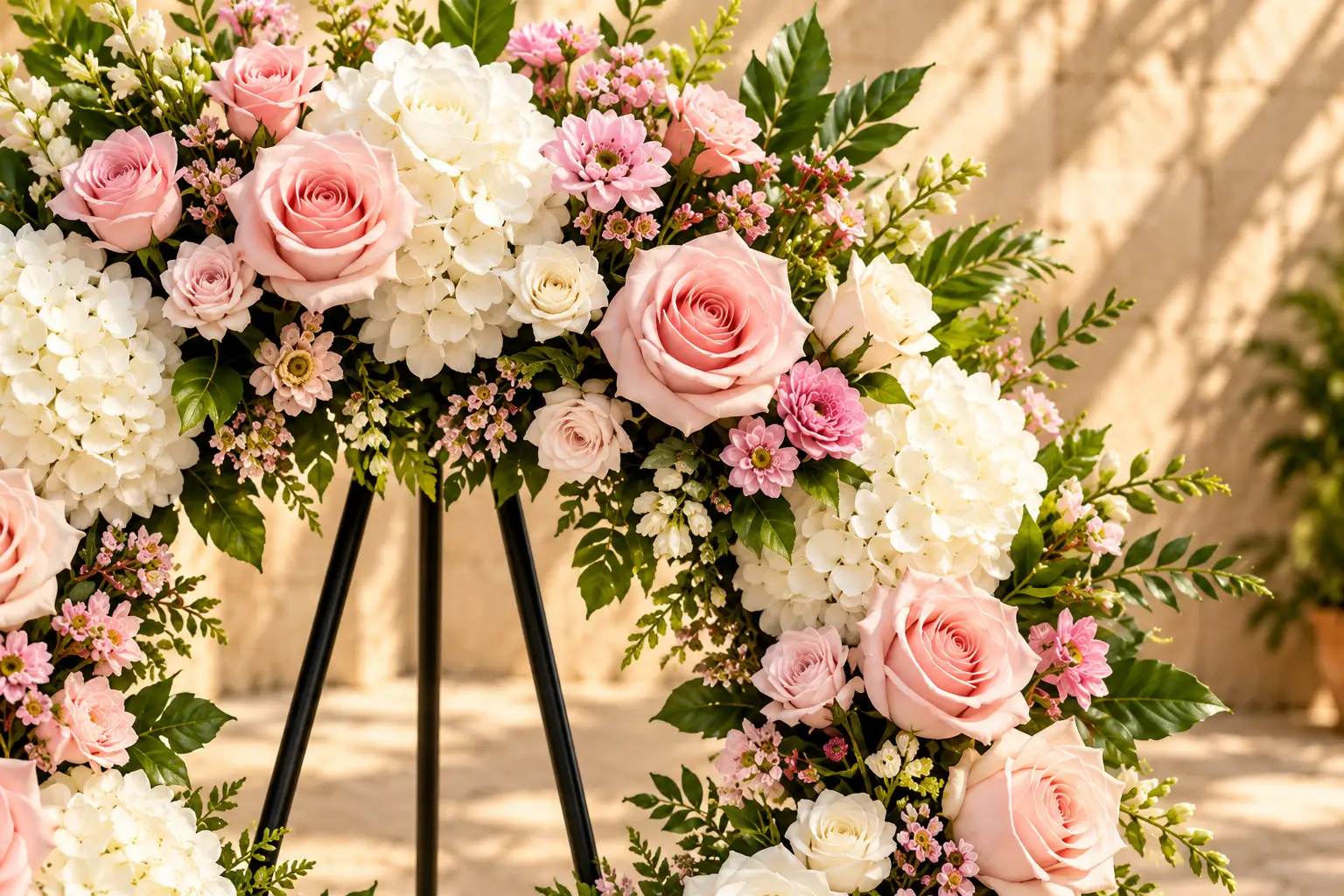Close view of pink and ivory roses around the open center of a wreath