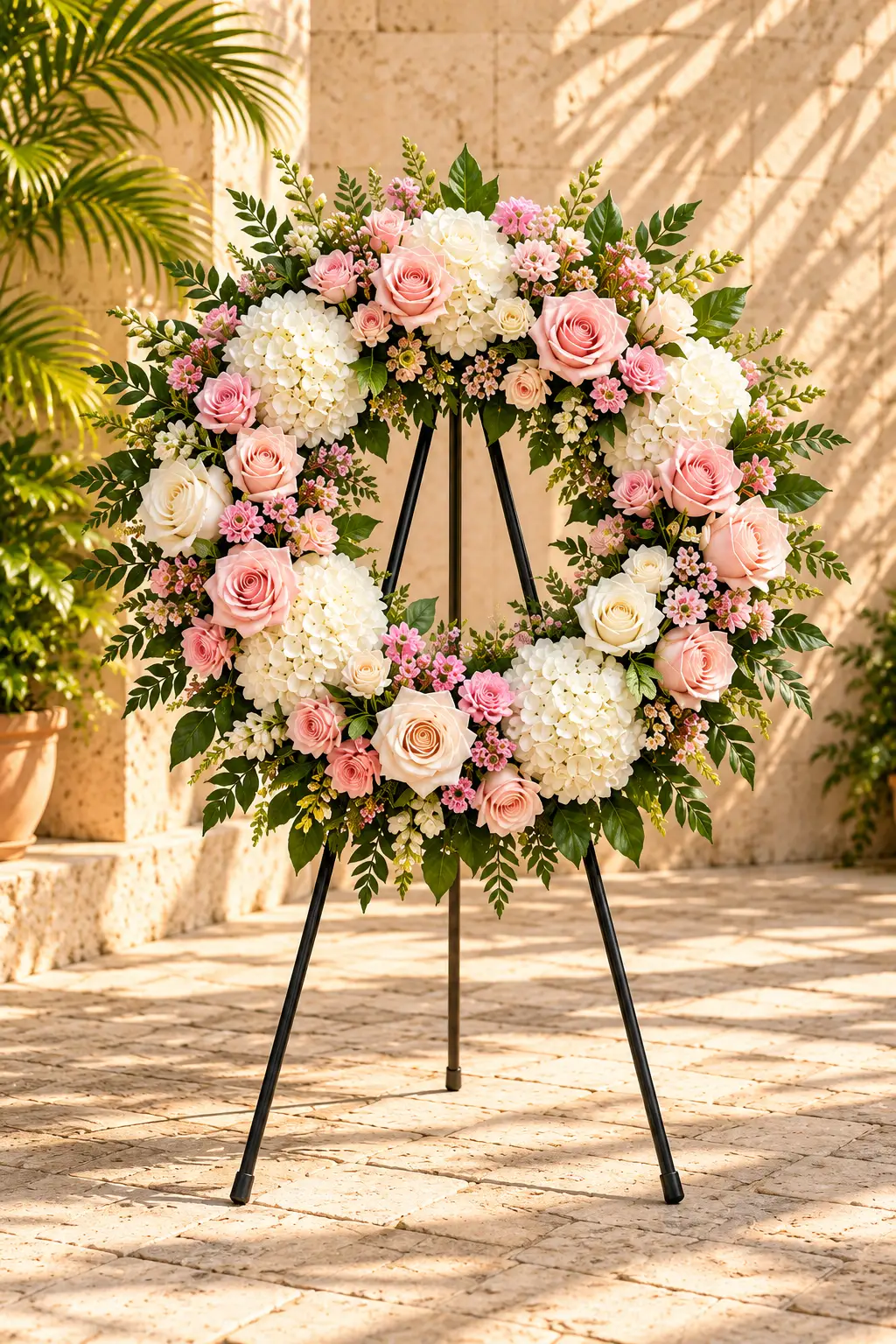 Pink and ivory roses and hydrangeas forming an open circular wreath on a black easel
